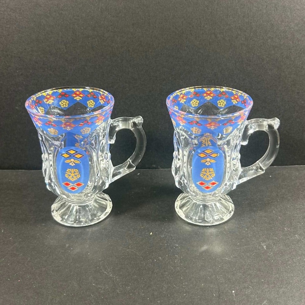 Punch Cups Blue Gold Red Geometric Flashed Glass Vintage Set of 2